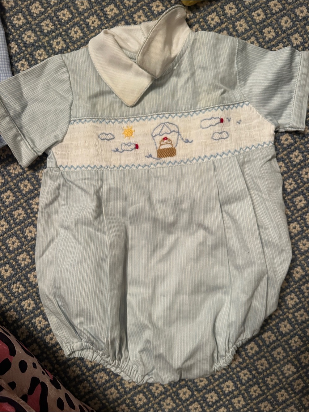 Carriage Boutique Light Blue and White Smocked Hot Air Balloon One-Piece